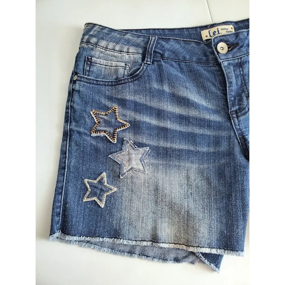 Juniors LEI Cutoff Blue Jean Denim Shorts XL 17 Vintage Retro Y2K Stars Grunge